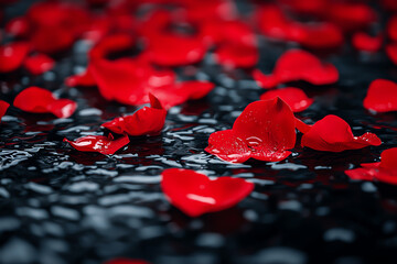 A serene close-up of vibrant red rose petals scattered over a dark, glistening surface, creating a beautiful and romantic ambiance that evokes feelings of love and passion.