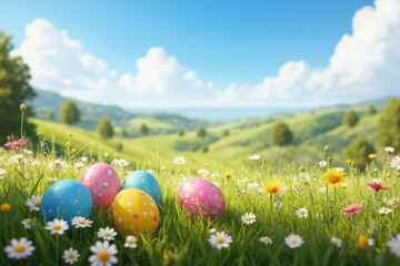 easter eggs in a field with daisies and flowers