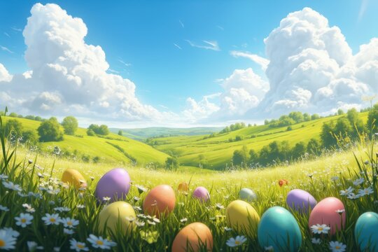 easter eggs in a field with a blue sky and sun