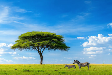 A serene landscape features a majestic tree with vibrant green grass and two zebras grazing peacefully under a bright blue sky adorned with fluffy white clouds.