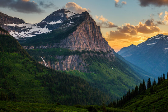 Stunning Sunset on the Green Valleys and Mountains of Glacier, Glacier National Park, Montana