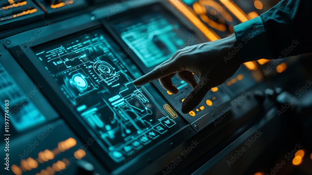 Poster an experienced operator skillfully navigates a control panel, using touch controls that respond to a
