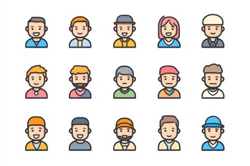 flat illustrations of people avatar icons set on a white background, in a minimalistic style Modern design with colorful characters in pastel colors for web and mobile apps Generative AI