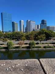 Fototapeta premium View of modern urban architecture with skyscrapers, a green park, and a calm river under a clear blue sky. Captured from a bridge, showcasing a balance between nature and the city.