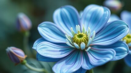 A detailed macro shot of a vibrant blue flower in full bloom, showcasing delicate petals and soft-focus background greenery.  
