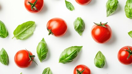 A collection of fresh tomatoes with green basil leaves on a white background, highlighting the vibrant colors and textures.