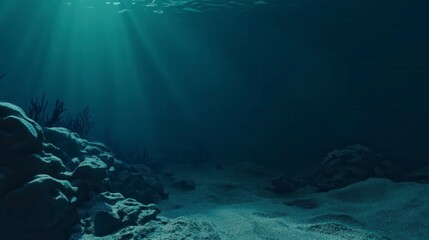 Obraz premium Stunning Underwater Scene: Deep Sea Exploration, Majestic Ocean Floor, Sunlight Penetrating Water