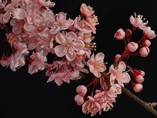 Blooming pink cherry blossoms against a dark background, symbolizing the arrival of spring and the fleeting nature of beauty.