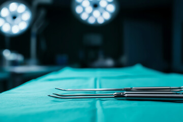 Close-up of surgical instruments on a sterile table with bright surgical lights in the background, highlighting the precision and care involved in medical procedures.