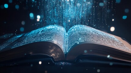 Open book magically glows blue light data streams flow upward. AI Generated