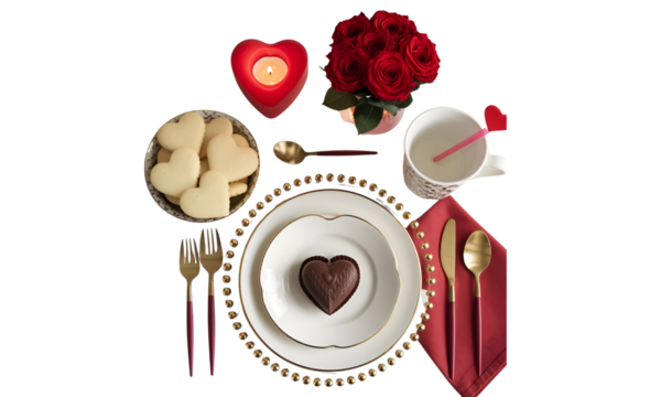 Beautiful top view table setting for valentines day with Transparent background