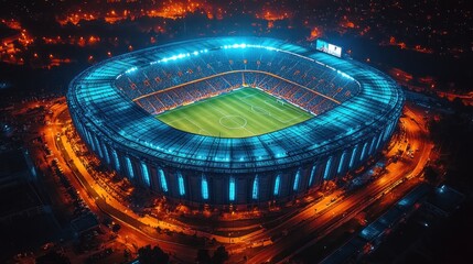 Aerial view of a brightly lit stadium during a night sporting event.