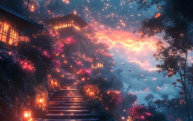 Enchanted Hillside Sunset Landscape with Blooming Plants