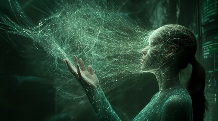 Woman interacts with digital web, futuristic lab