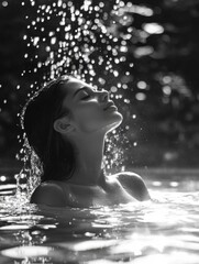 Fototapeta premium Woman immersed in a rain shower under an outdoor waterfall. Feeling refreshed and relaxed.