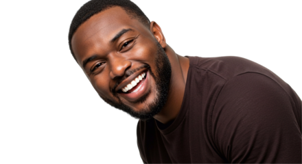 Young Brazilian man isolated on transparent background laughing
