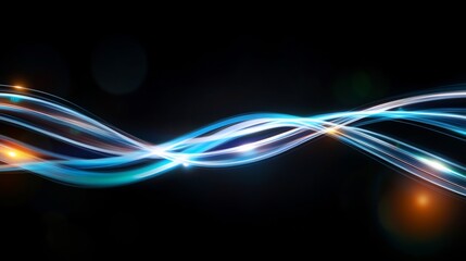 Abstract glowing blue light waves elegantly flow across dark background. AI Generated