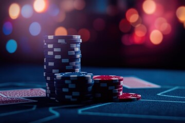 Stacks of colorful poker chips and a playing card on a green felt table with blurred casino lights in the background