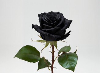 Flor  de rosa negra com em leve brilho, em frente a um fundo cinza

Black rose flower with slight g

Black rose flower with green branches and leaves in light glow, in front of a light gray background