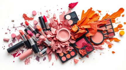 A vibrant flat lay of assorted makeup products, including lipsticks, blush, eyeshadows, and crushed powders, arranged on a white background.  
