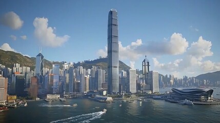 Obraz premium Hong Kong harbor, skyscraper, cityscape, boats, sunny, mountains, aerial view, business