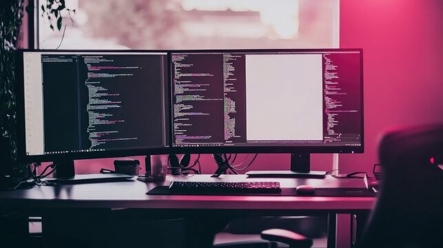 Dual Monitors Displaying Lines Of Computer Code