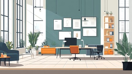 Fototapeta premium Modern, open office interior with stylish furnishings and ample natural light, creating a welcoming and productive work environment. 