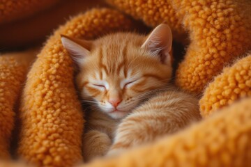 a small orange kitten sleeping on a blanket