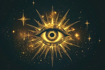Ancient mystical symbol representing the human eye within a golden starburst, conveying themes of enlightenment and cosmic energy.