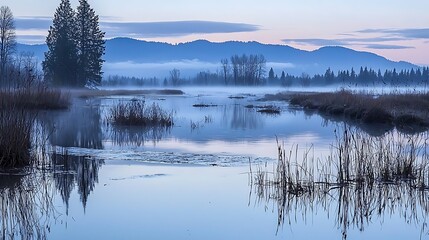 Fototapeta premium Misty dawn marsh reflection, mountain backdrop, tranquil nature scene