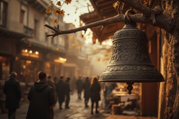 Fototapeta premium a bell hanging from a tree in a city street