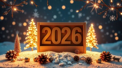 Illuminated "2026" display surrounded by glowing Christmas trees, pinecones, and snow on a festive winter background with bokeh lights.  
