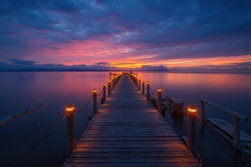 Obraz premium a pier with lights on it at sunset