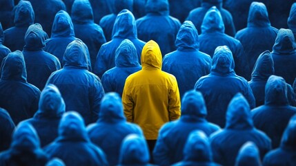 Obraz premium In a striking visual contrast, a single vibrant yellow figure stands out brightly against a sea of blue figures, symbolizing the powerful themes of individuality and uniqueness amidst conformity