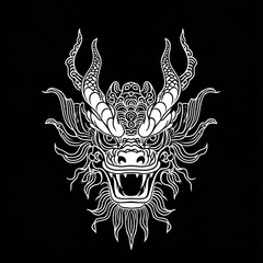 Dragon head, ornate design, black background, Asian art, tattoo inspiration