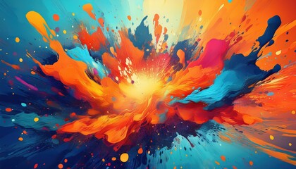 Vibrant Paint Splatter Artwork on Blue and Orange Background A Dynamic Blend of Colorful Expressions