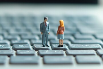 Miniature figures of a man and woman stand on a keyboard, symbolizing online communication or remote work.