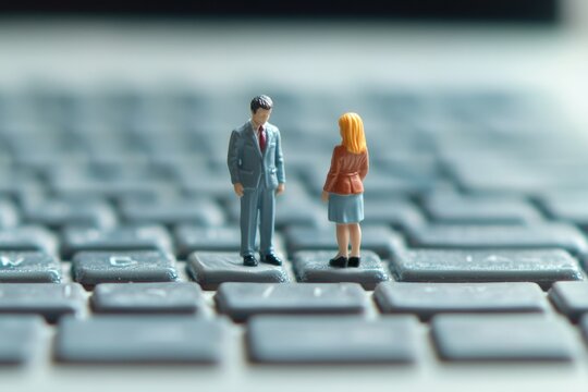 Miniature figures of a man and woman stand on a keyboard, symbolizing online communication or remote work.