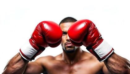 A champion boxer triumphantly raises red gloves, exuding strength and victory.

