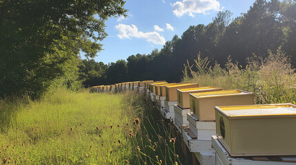 Photo of beehives and jars of fresh honey on an organic farm