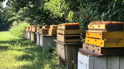 Photo of beehives and jars of fresh honey on an organic farm