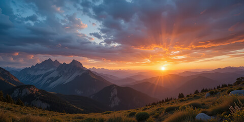 colorful sunset on top of Austrian mountain alps, Wide Banner