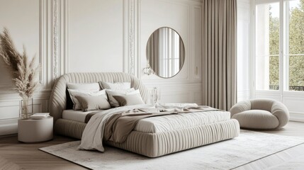 Fototapeta premium Elegant Beige Bedroom Interior Design Featuring a Modern Bed