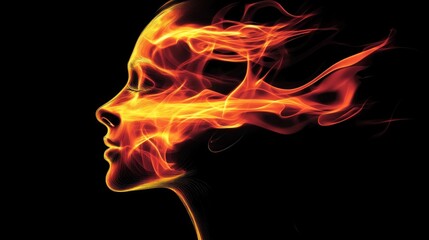 A stylized profile of a woman with flames representing energy and transformation.