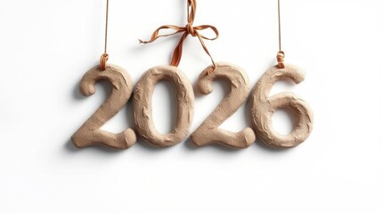 Handcrafted "2026" numbers in a rustic style, tied with string and hanging against a clean white background.  

