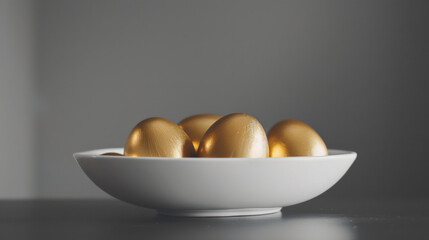 Golden eggs in white bowl create luxurious and elegant display, perfect for festive occasions or decorative themes. shiny surface reflects light beautifully