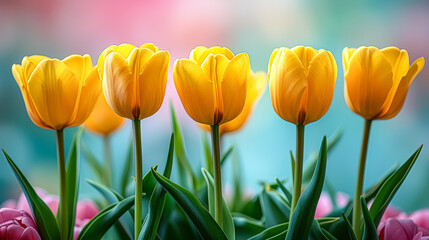 Obraz premium Row of yellow tulips with green leaves. The flowers are in a garden and the background is blue, mother's day concept