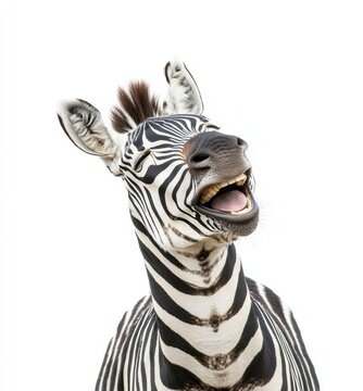A zebra is smiling and has its mouth open, looking at the camera