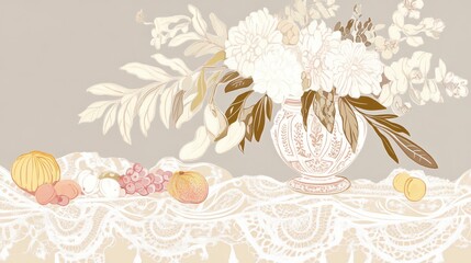 A Delicate Floral Still Life on a Lace Tablecloth, Exquisitely Detailed Floral Bouquet in a Vase with Fresh Fruits, Soft Pastels and Vintage Style, Beautiful Floral Art for Home Decor