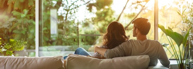 young couple relaxing on sofa at home or apartment